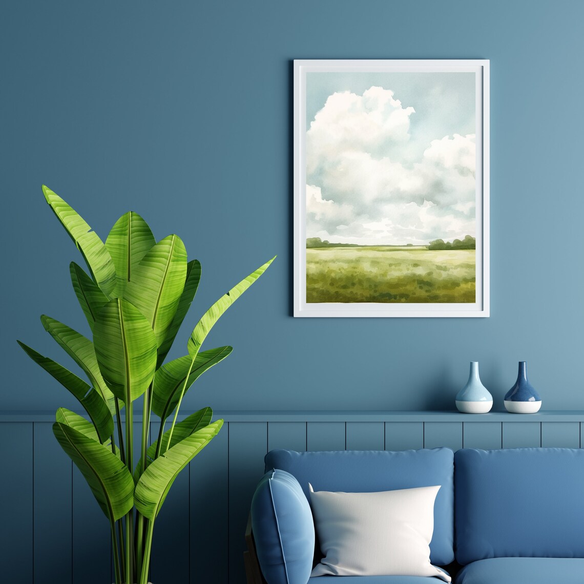 Green Field Under Big Clouds Watercolor Sky Landscape Poster - Image 5