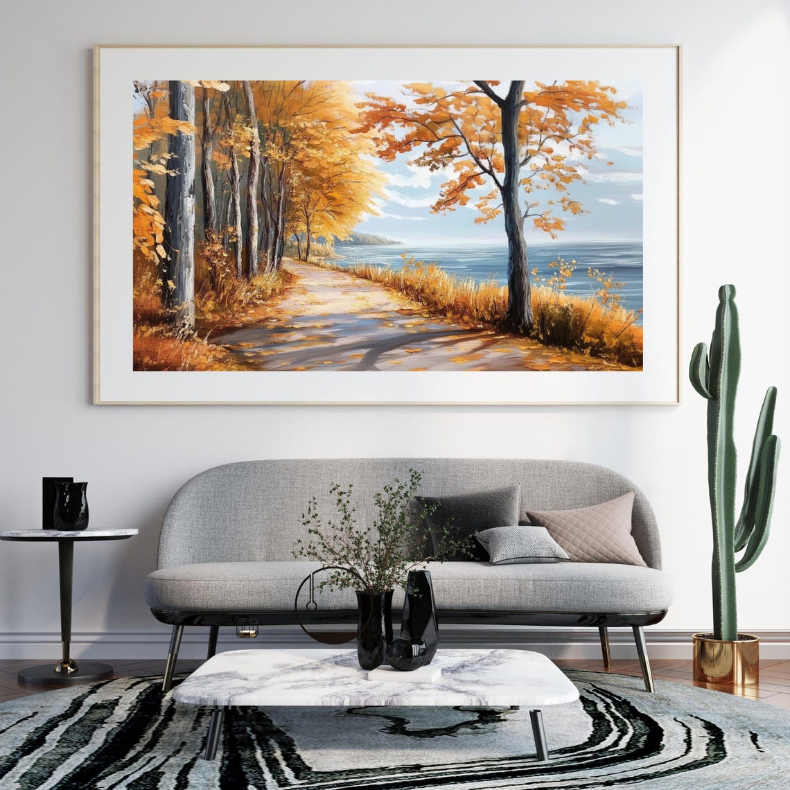 Autumn Path Along Blue Lake Orange Trees Fall Foliage Landscape Poster - Image 6
