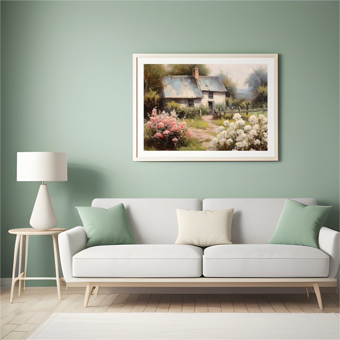 Cozy Cottage Surrounded By Pink And White Blossom Bushes Print - Image 5