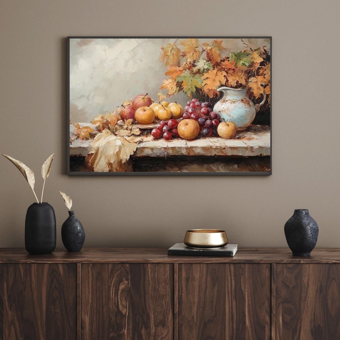 Autumn Fruit Grapes Apples Rustic Pitcher Still Life Painting Poster - Image 4