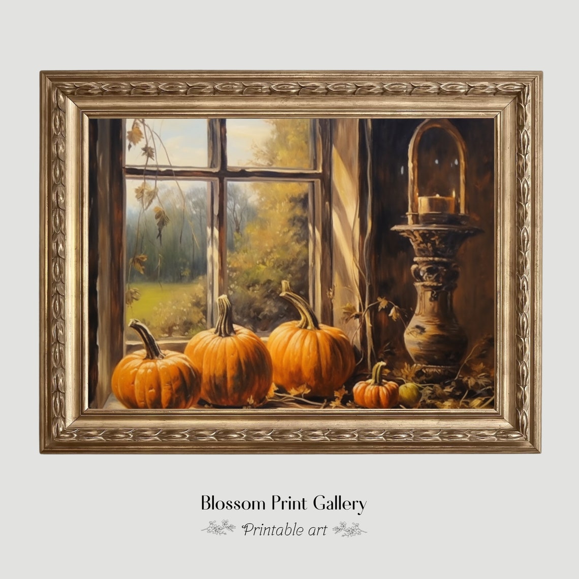 Pumpkins On Autumn Windowsill With Lantern Golden Fall Poster - Image 6