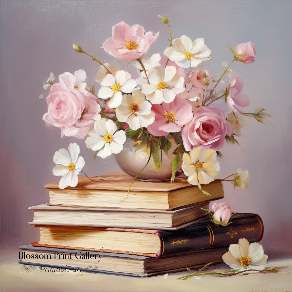 Pink Roses Vase Antique Books Still Life Floral Painting Poster - Image 3