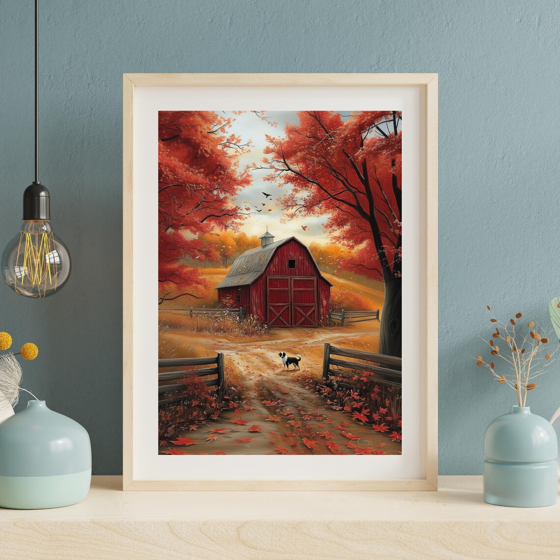 Red Barn in Autumn with Scarlet Maples and a Country Dog Poster - Image 6
