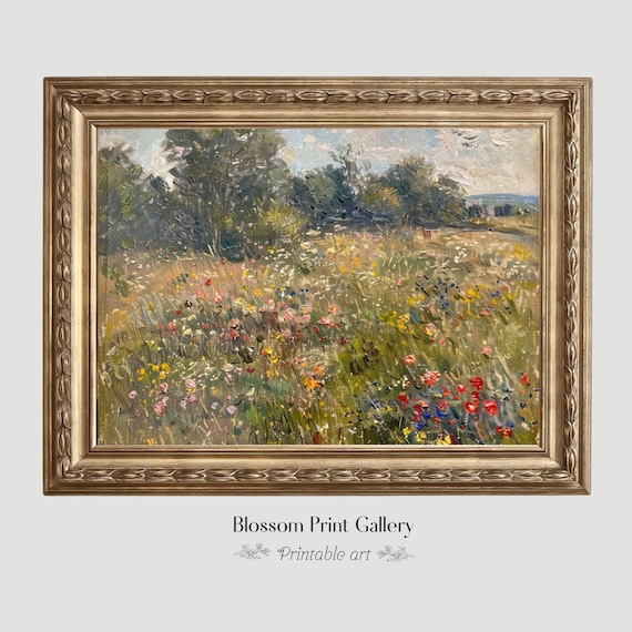 Blooming Wildflower Meadow Impressionist Oil Landscape Poster