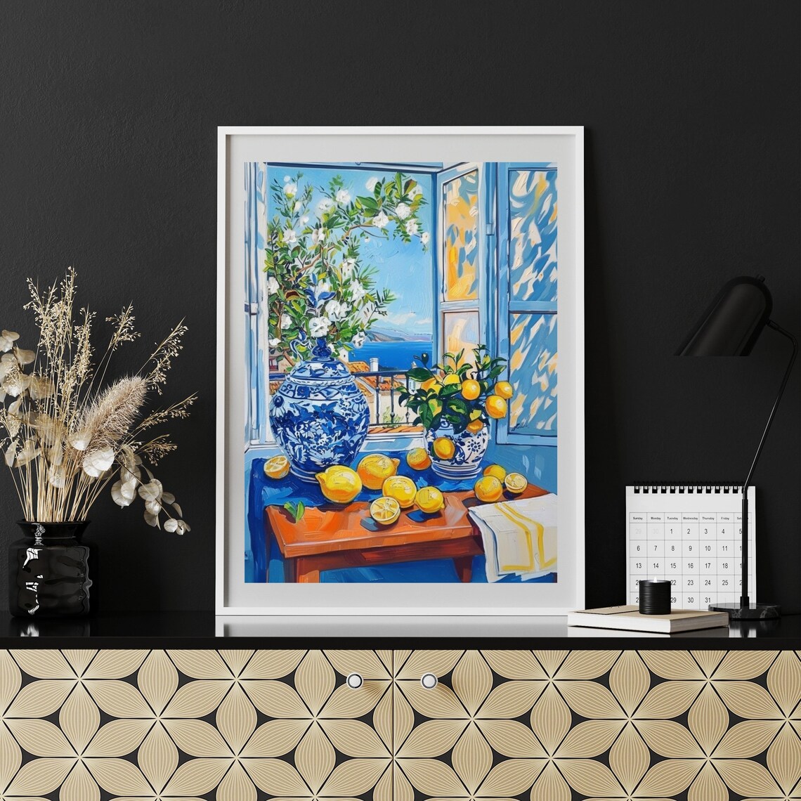 Mediterranean Window View with Lemons Blue Shutters Impressionist Poster - Image 6