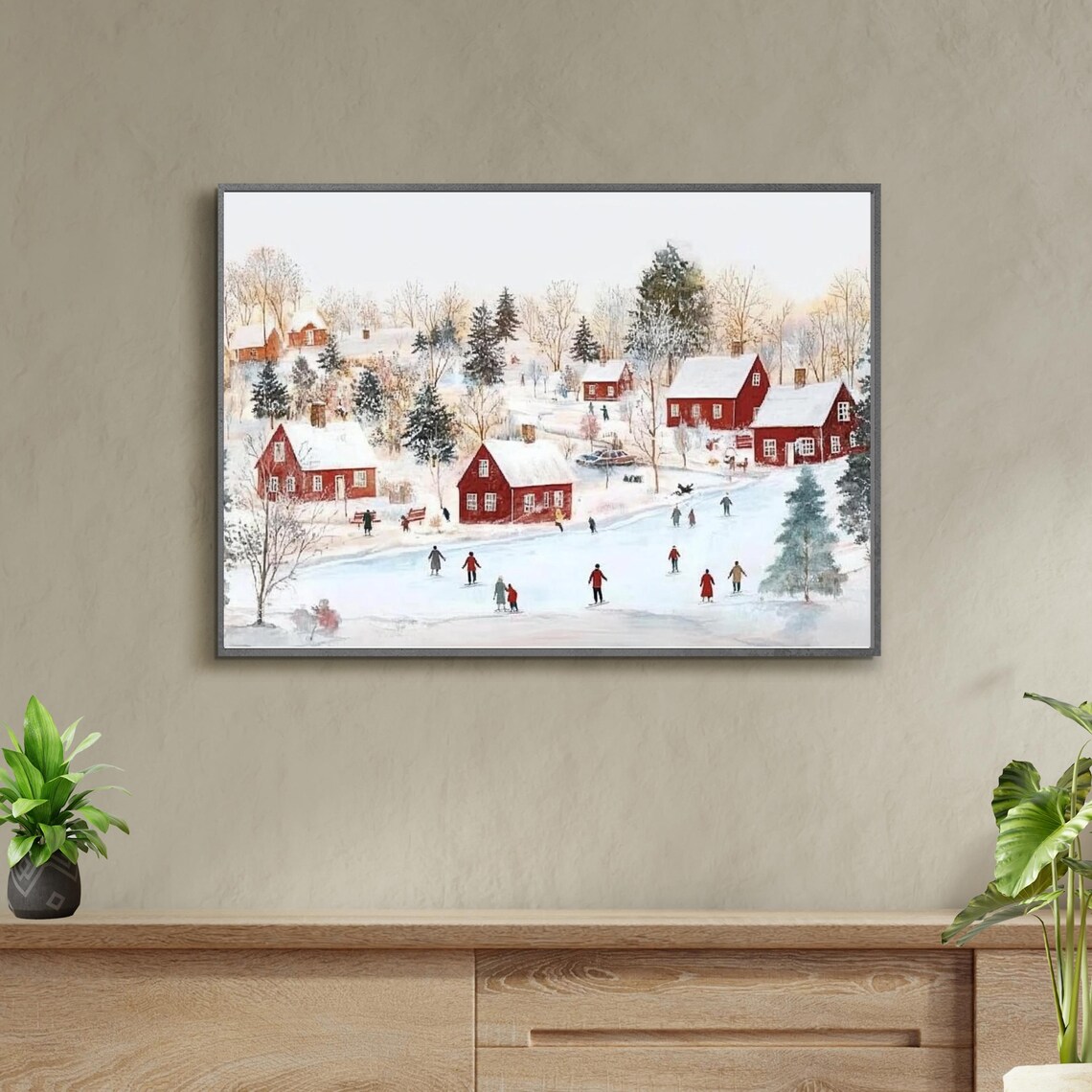 Snowy Christmas Village Red Cottages Ice Skaters Holiday Poster - Image 5