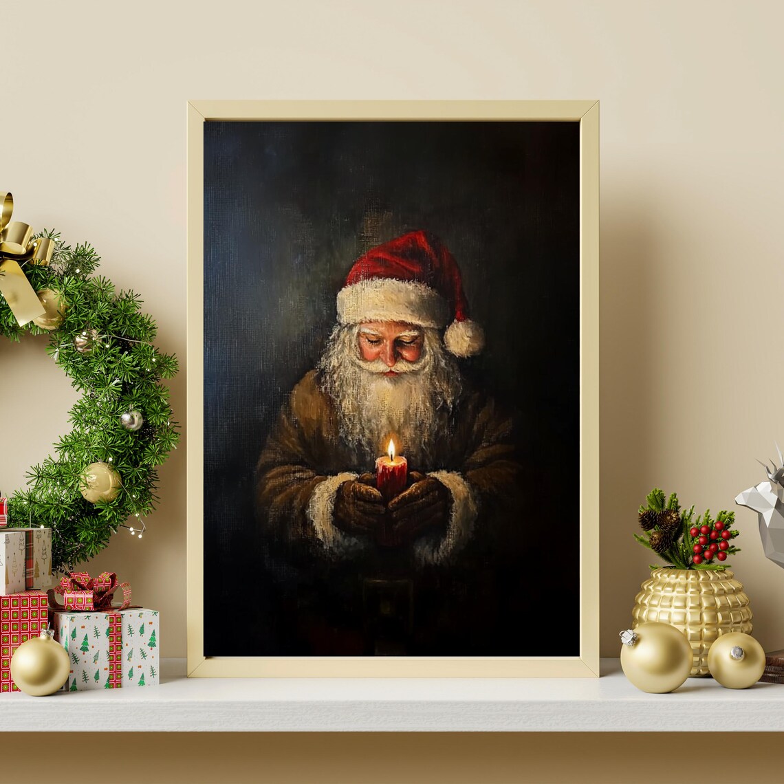 Moody Santa Claus Portrait Holding Candle Dark Christmas Poster - Image 2