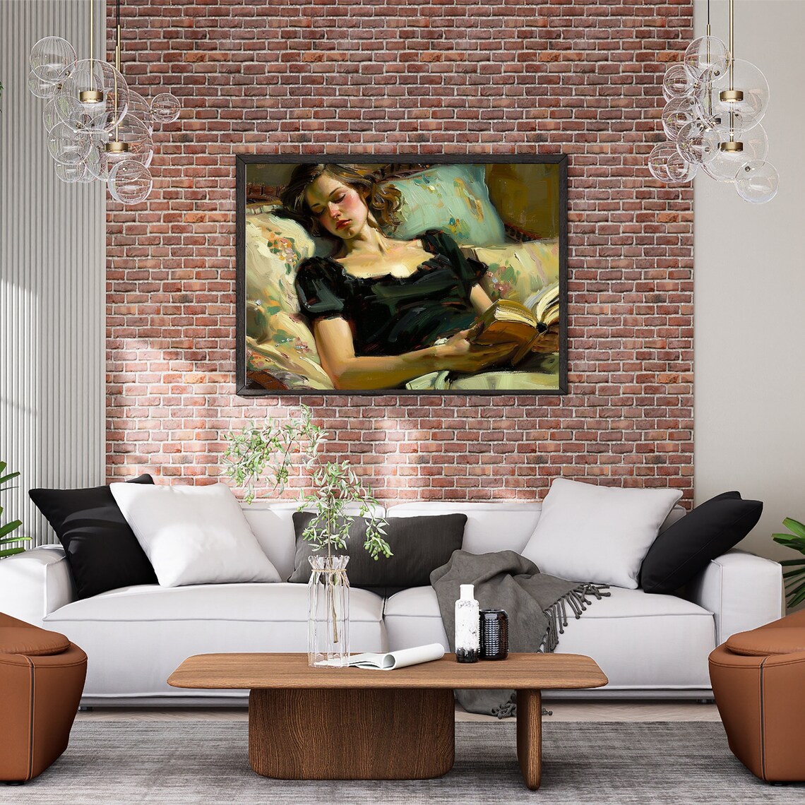Young Woman Reading Book On Floral Chaise Vintage Oil Poster - Image 4