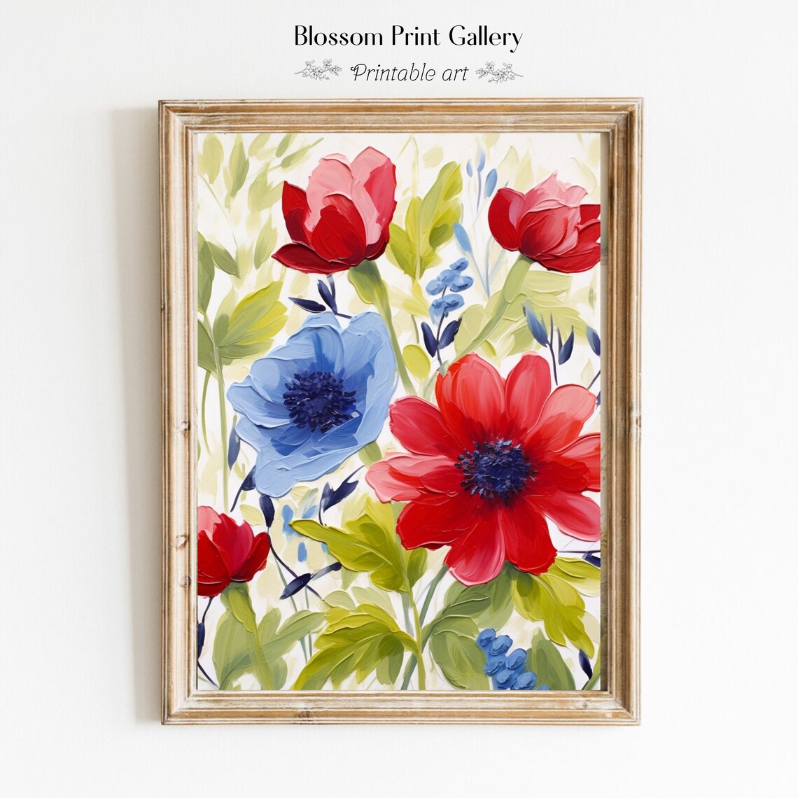 Bold Red and Blue Flowers Impasto Floral Oil Painting Poster