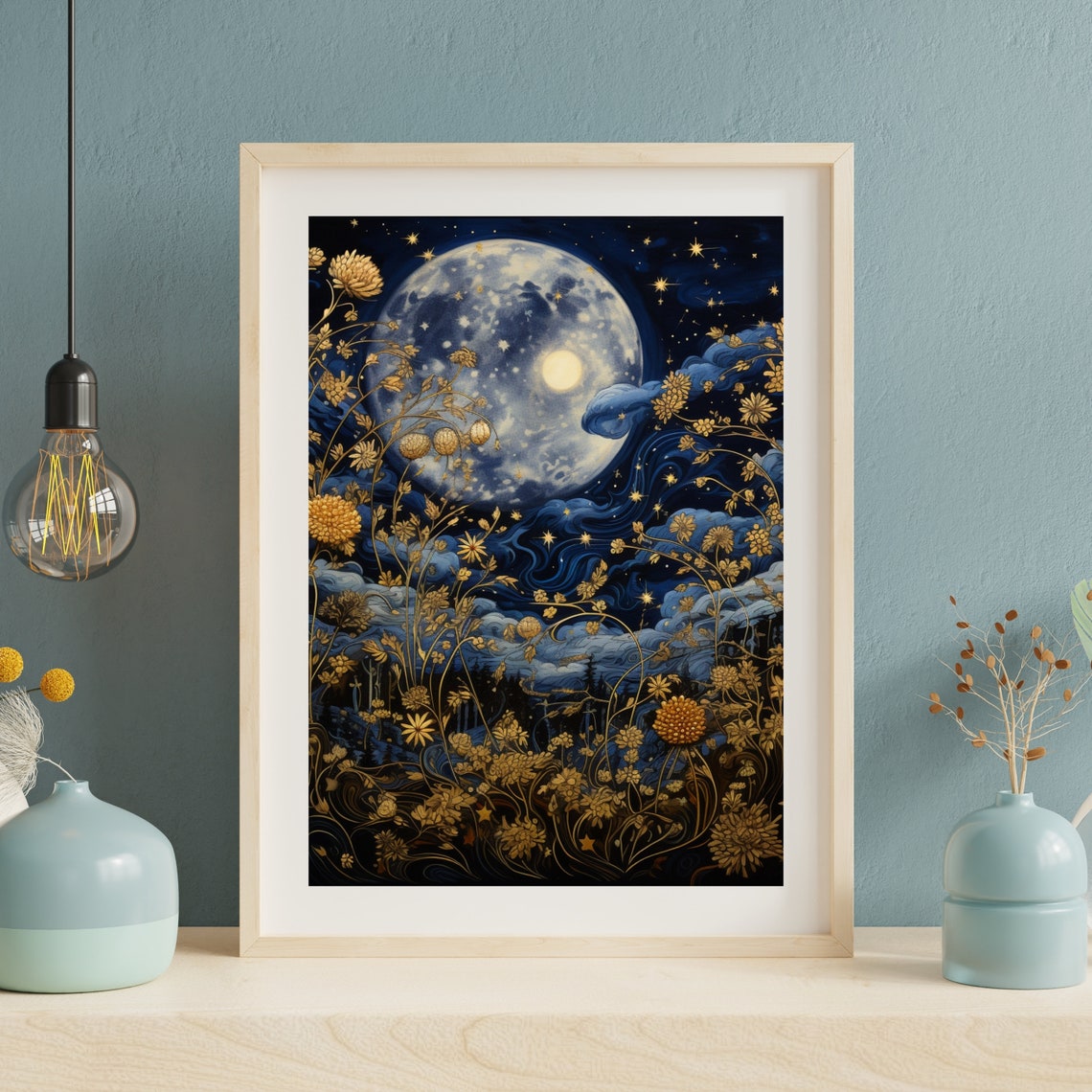 Enchanted Night Sky with Full Moon and Golden Flowers Poster - Image 4