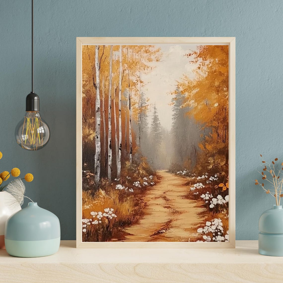 Golden Autumn Path Through Birch Trees With White Wildflowers Print - Image 3