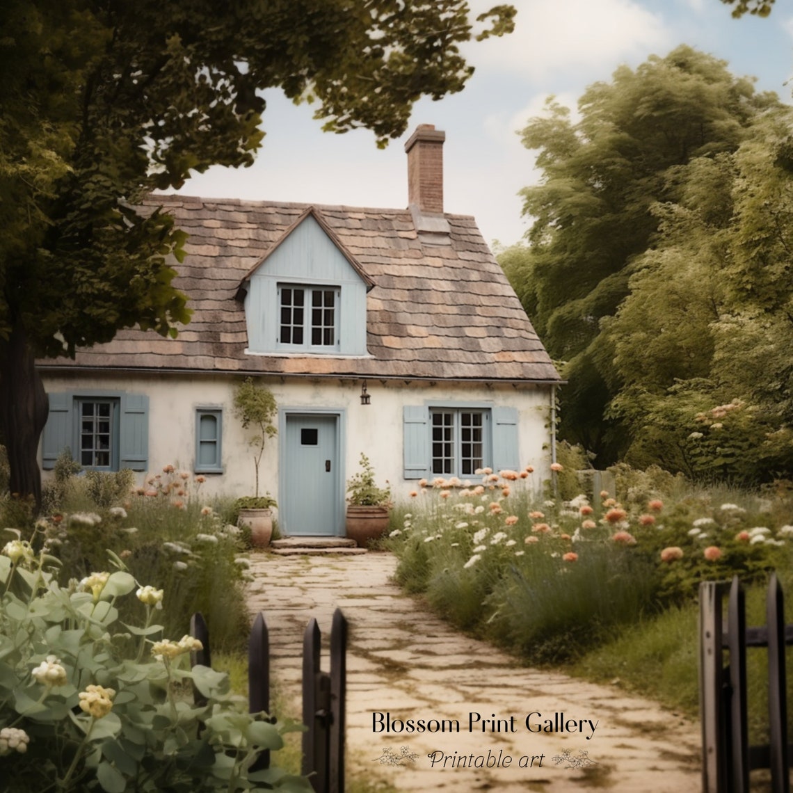 Whitewashed Cottage With Blue Shutters And A Flower Garden Path Print - Image 3
