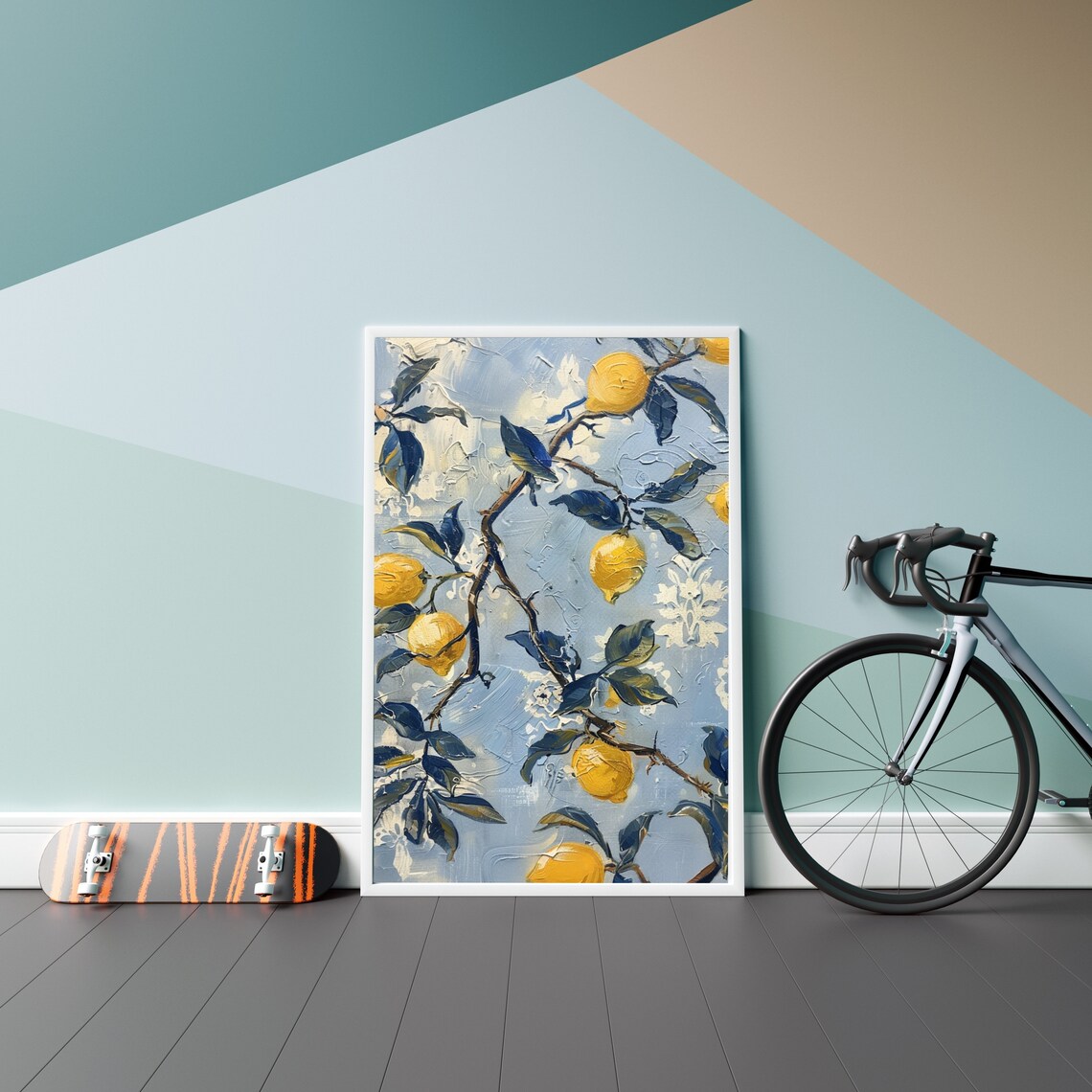 Yellow Lemon Branch with Blue Leaves Textured Oil Painting Poster - Image 3