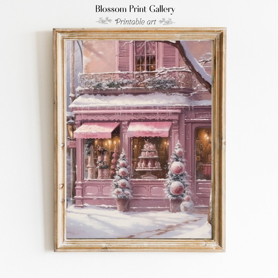Pink Patisserie Snowy Christmas Street Winter Painting Poster