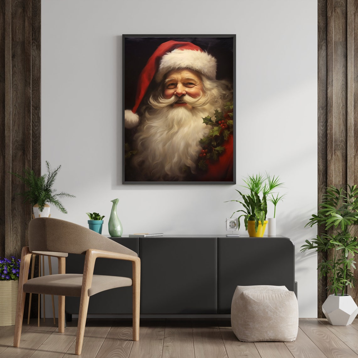 Vintage Santa Claus Portrait Red Hat Holly Classic Art Poster - Image 4