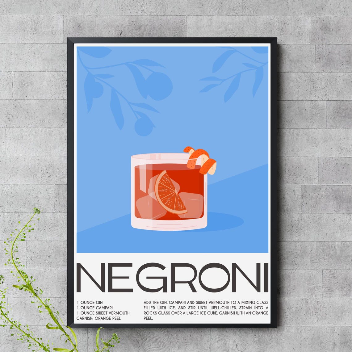 Negroni Cocktail Recipe Poster with Ingredients and Orange Garnish