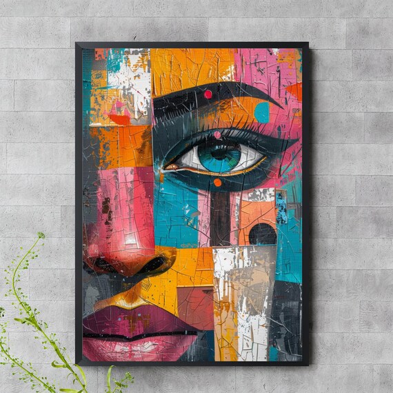Abstract Colorful Woman Face Mosaic Modern Crackle Art Poster