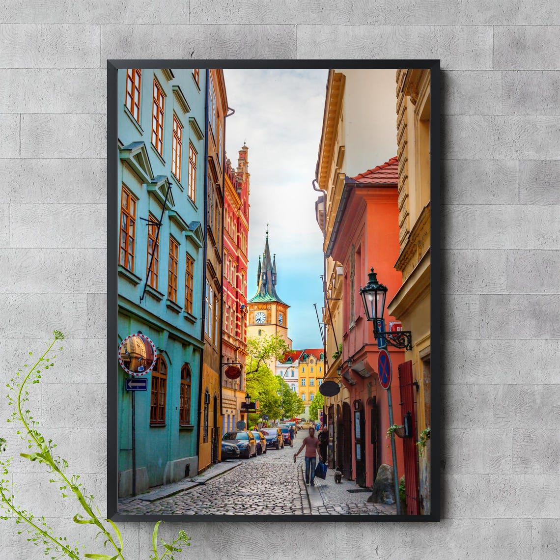 Prague Old Town Colorful Cobblestone Street Clock Tower Poster