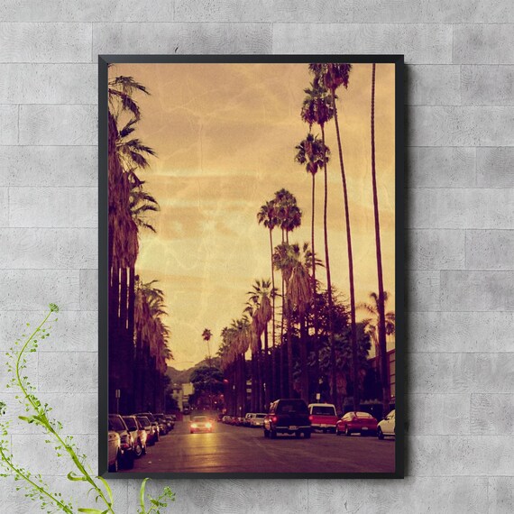 Vintage Los Angeles Street Photo Palm Trees Sunset Retro Poster