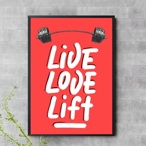 Live Love Lift Barbell Red Bold Brush Lettering Gym Fitness Poster