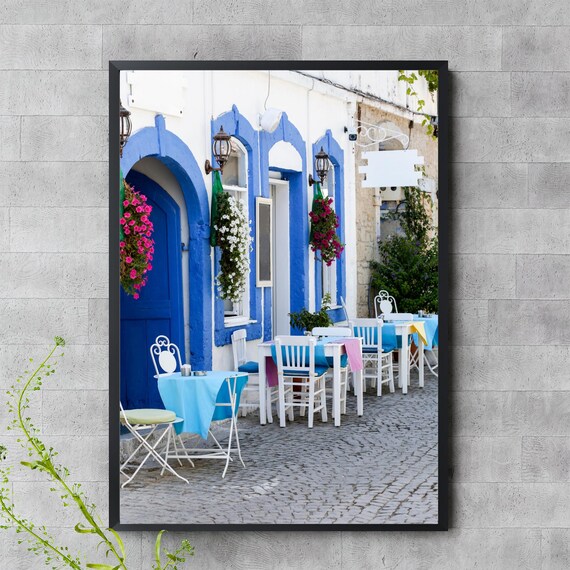Charming Blue and White Aegean Cafe Street Photography Travel Wall Art