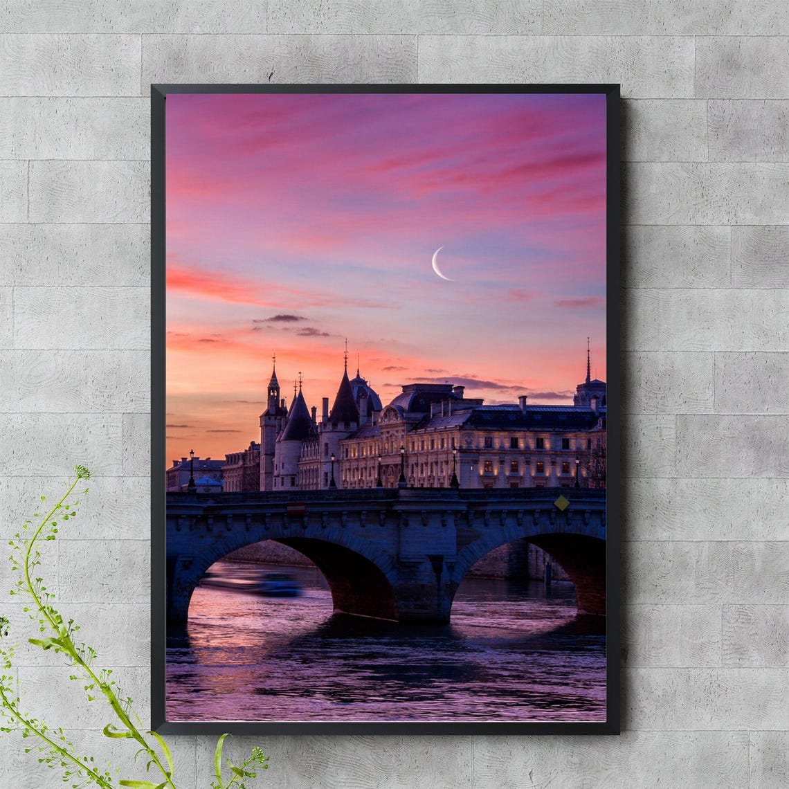 Paris Sunset Seine River Bridge Crescent Moon Romantic Travel Poster