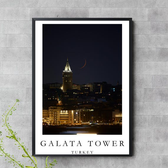Galata Tower Istanbul Night Print Crescent Moon Wall Art Turkey Cityscape Poster Nighttime Photography