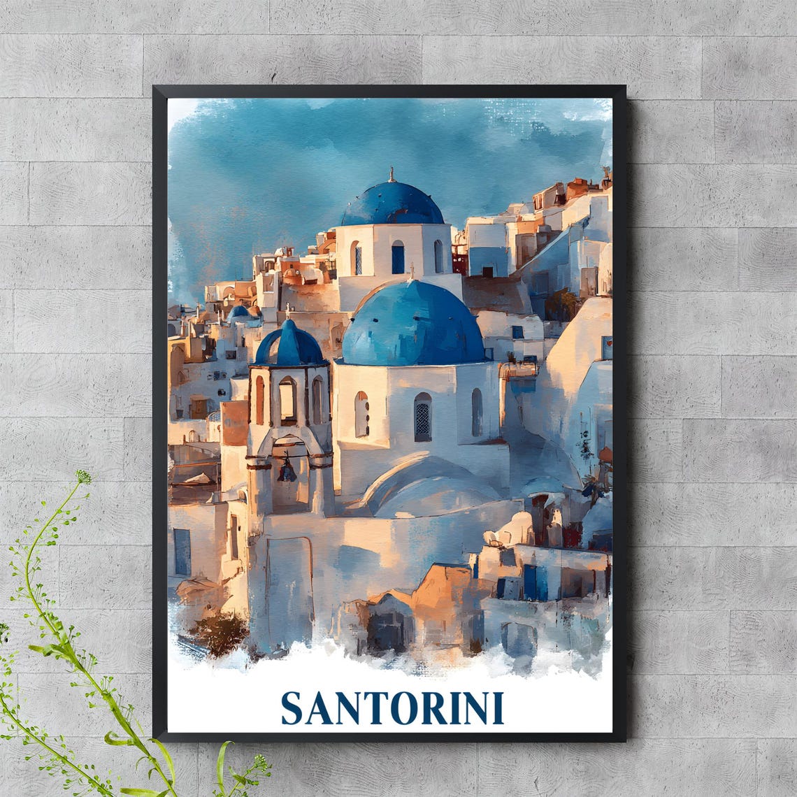 Santorini Greece Blue Dome Churches Watercolor Island Travel Poster