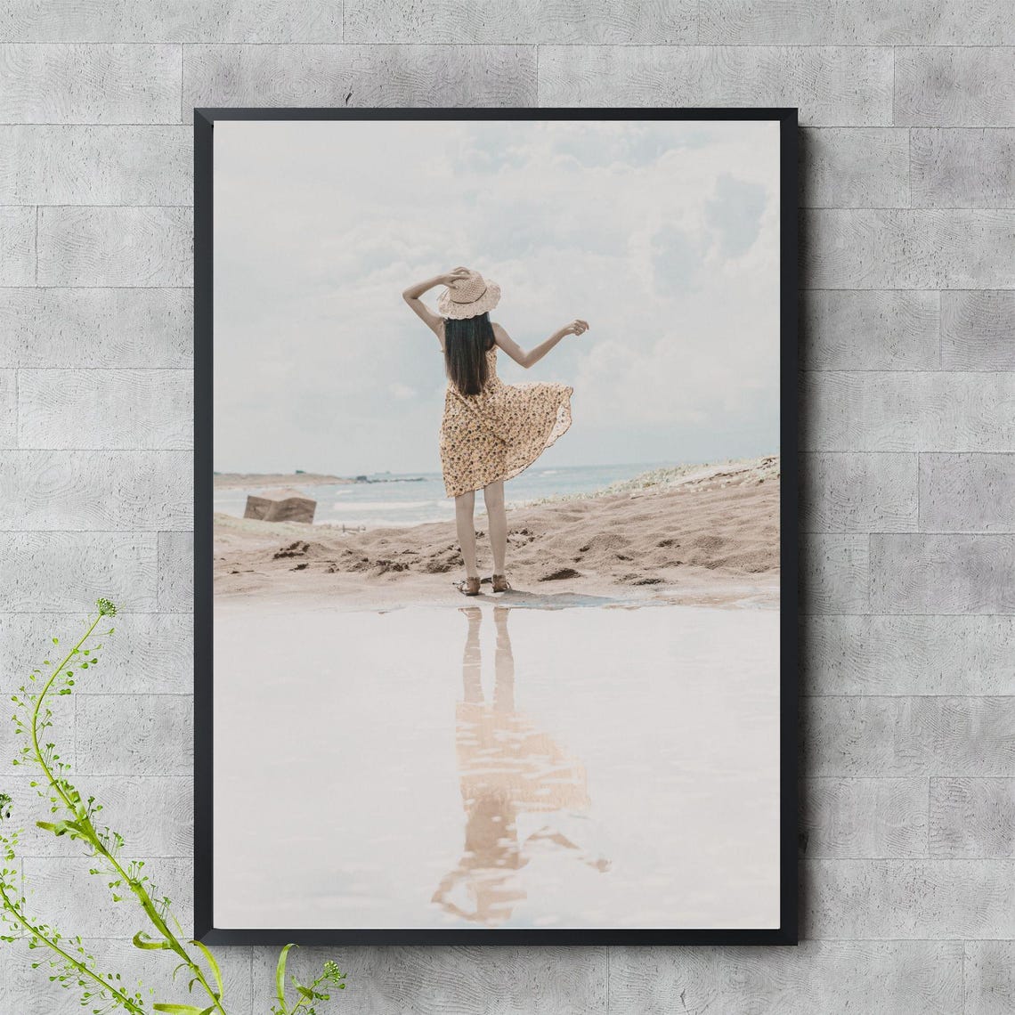 Dreamy Beach Girl Sundress Straw Hat Ocean Reflection Photo Print