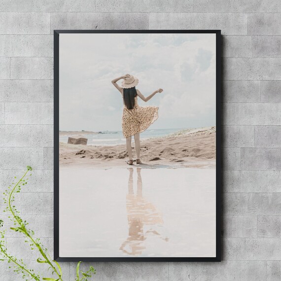 Dreamy Beach Girl Sundress Straw Hat Ocean Reflection Photo Print