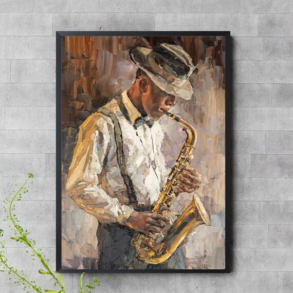 Jazz Saxophone Player Oil Painting Vintage Musician Portrait Wall Art