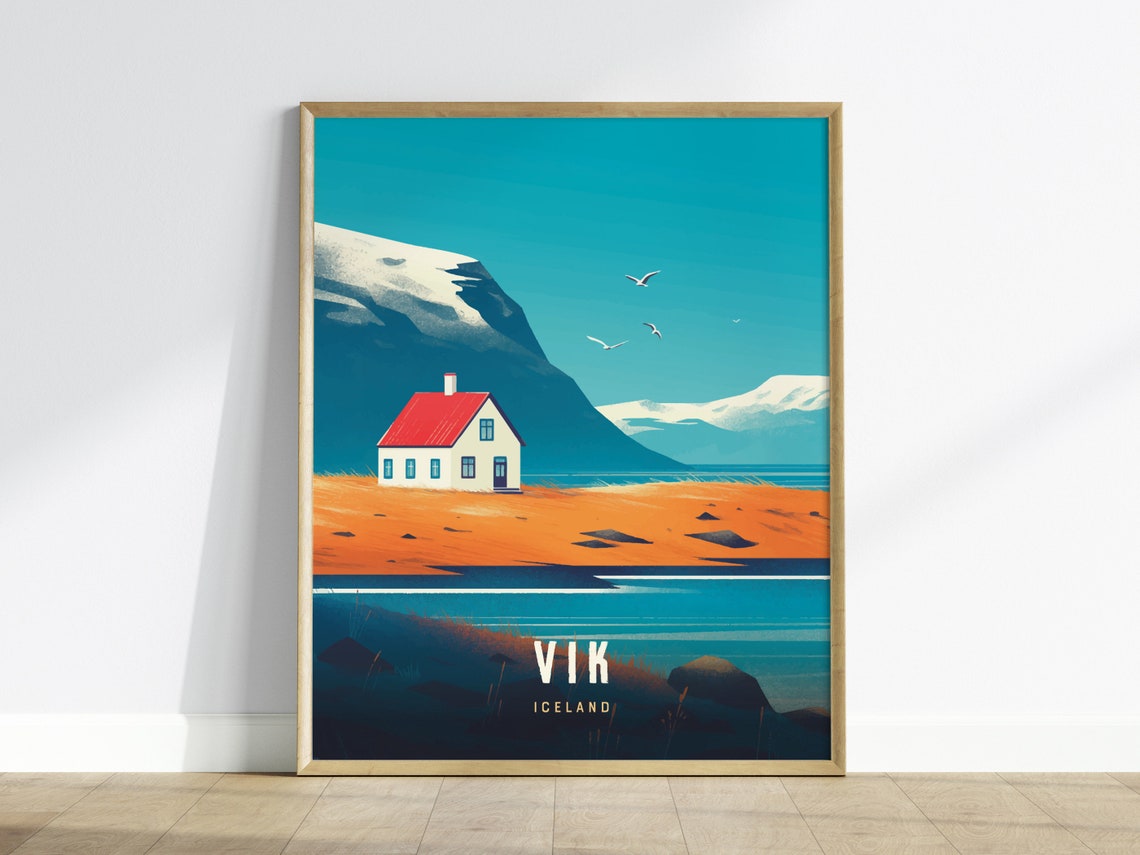 Vik Iceland Red Roof Cottage Snowy Mountain Coastal Travel Poster