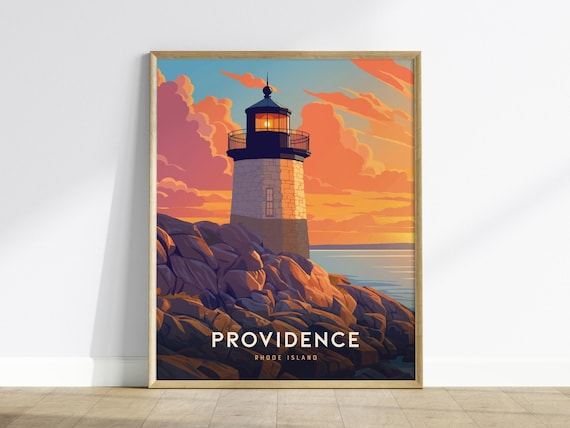 Providence Rhode Island Lighthouse Sunset Rocky Coast Travel Poster