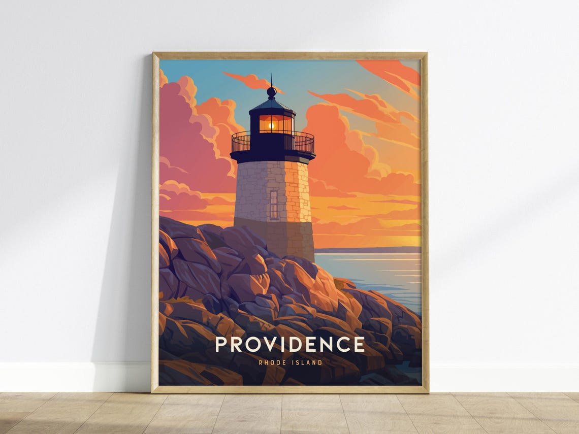 Providence Rhode Island Lighthouse Sunset Rocky Coast Travel Poster
