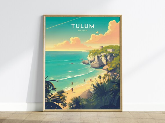 Tulum Mexico Mayan Ruins Cliff Beach Turquoise Sea Travel Art Poster