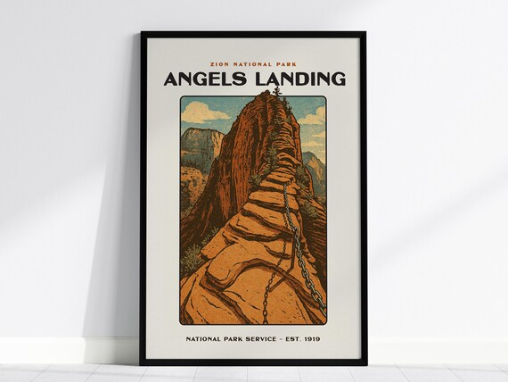 Angels Landing Zion National Park Utah Vintage Hiking Trail Poster
