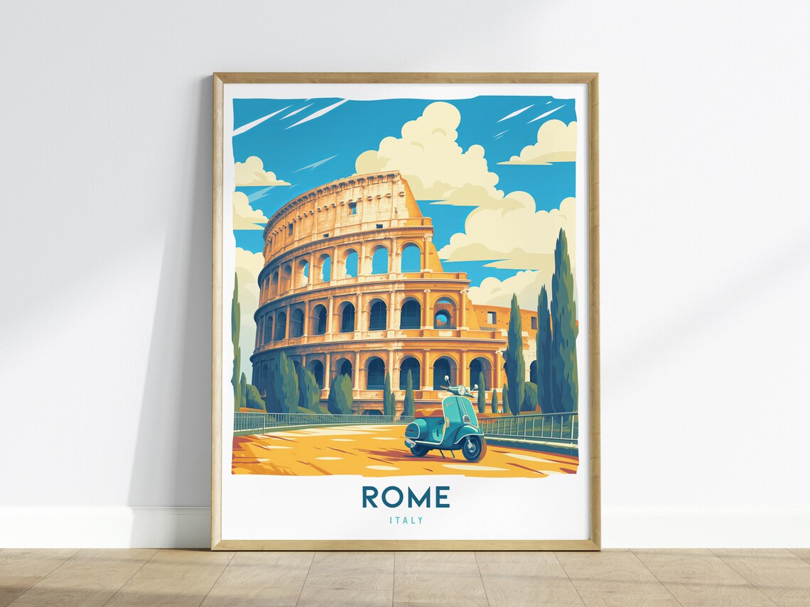 Rome Italy Colosseum Retro Travel Poster with Classic Vespa Art