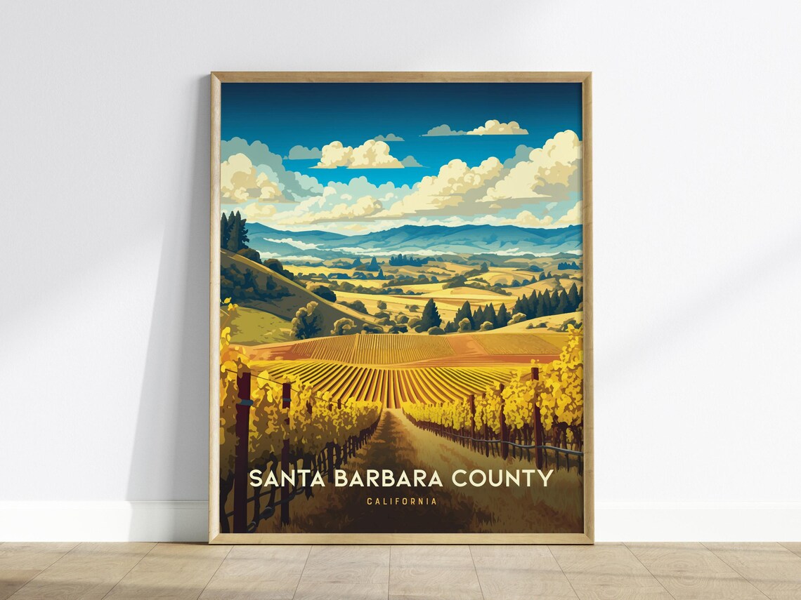 Santa Barbara County California Golden Vineyard Hills Travel Poster
