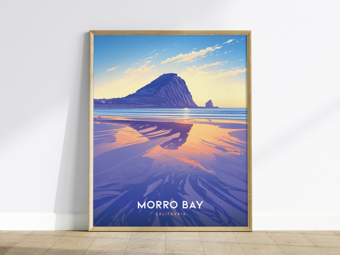 Morro Bay California Sunset Rock Reflection Coastal Travel Poster