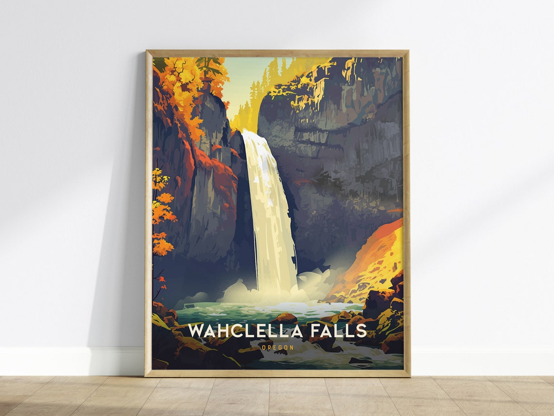 Wahclella Falls Oregon Autumn Waterfall Gorge Vintage Travel Poster