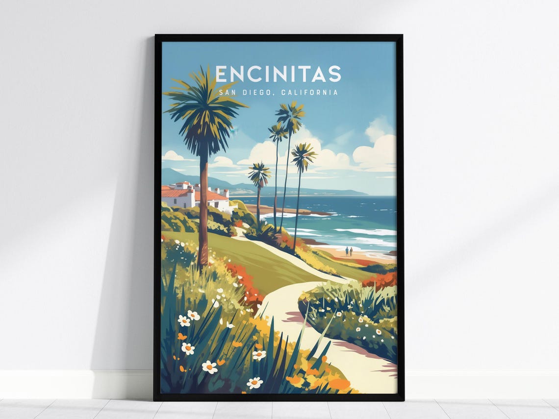 Encinitas San Diego California Coastal Path Palm Travel Poster