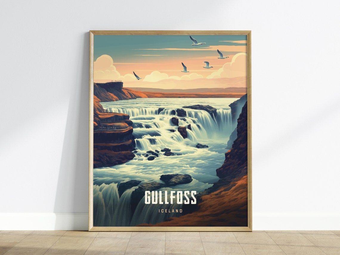 Gullfoss Iceland Golden Falls Sunset Waterfall Vintage Travel Poster