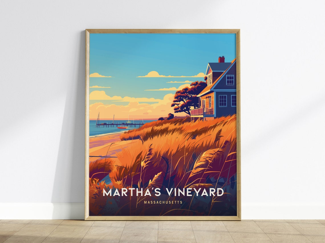 Martha's Vineyard Massachusetts Coastal Beach House Travel Poster