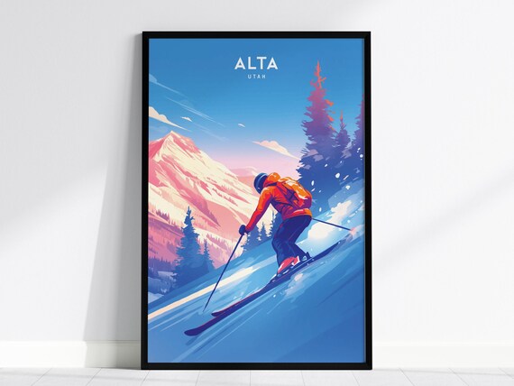 Alta Utah Ski Resort Powder Skier Sunset Mountain Slope Travel Poster
