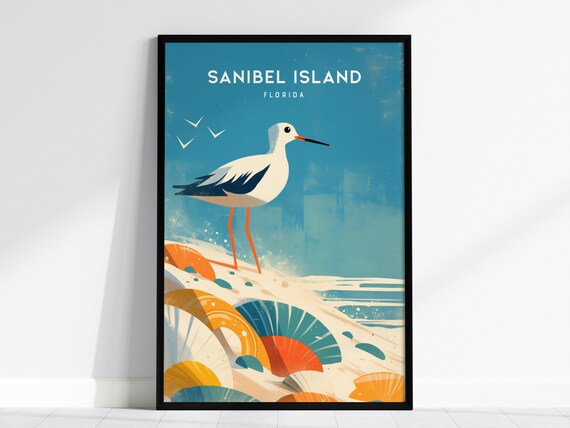 Sanibel Island Florida Poster Sandpiper Bird Seashell Beach Shore Art