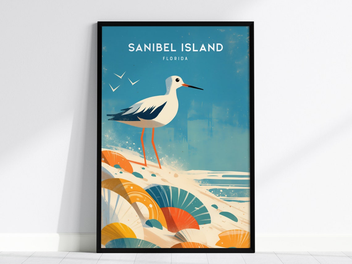 Sanibel Island Florida Poster Sandpiper Bird Seashell Beach Shore Art
