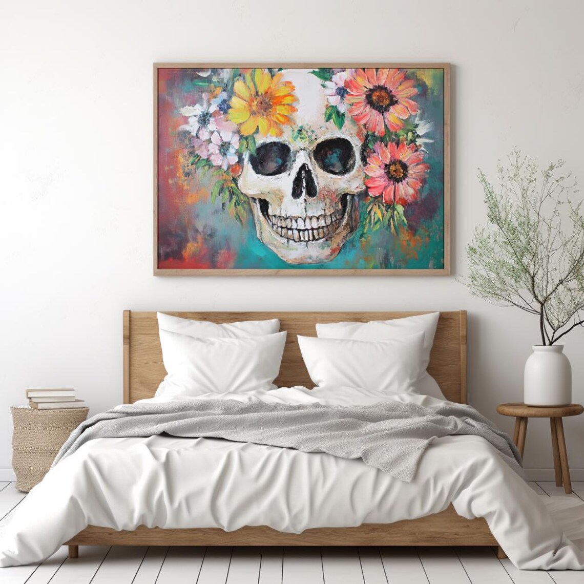 Colorful Floral Skull Still Life Gothic Halloween Wall Poster - Image 3