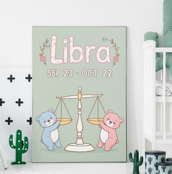 Libra Zodiac Nursery Print Cute Bears With Scales Star Sign Decor
