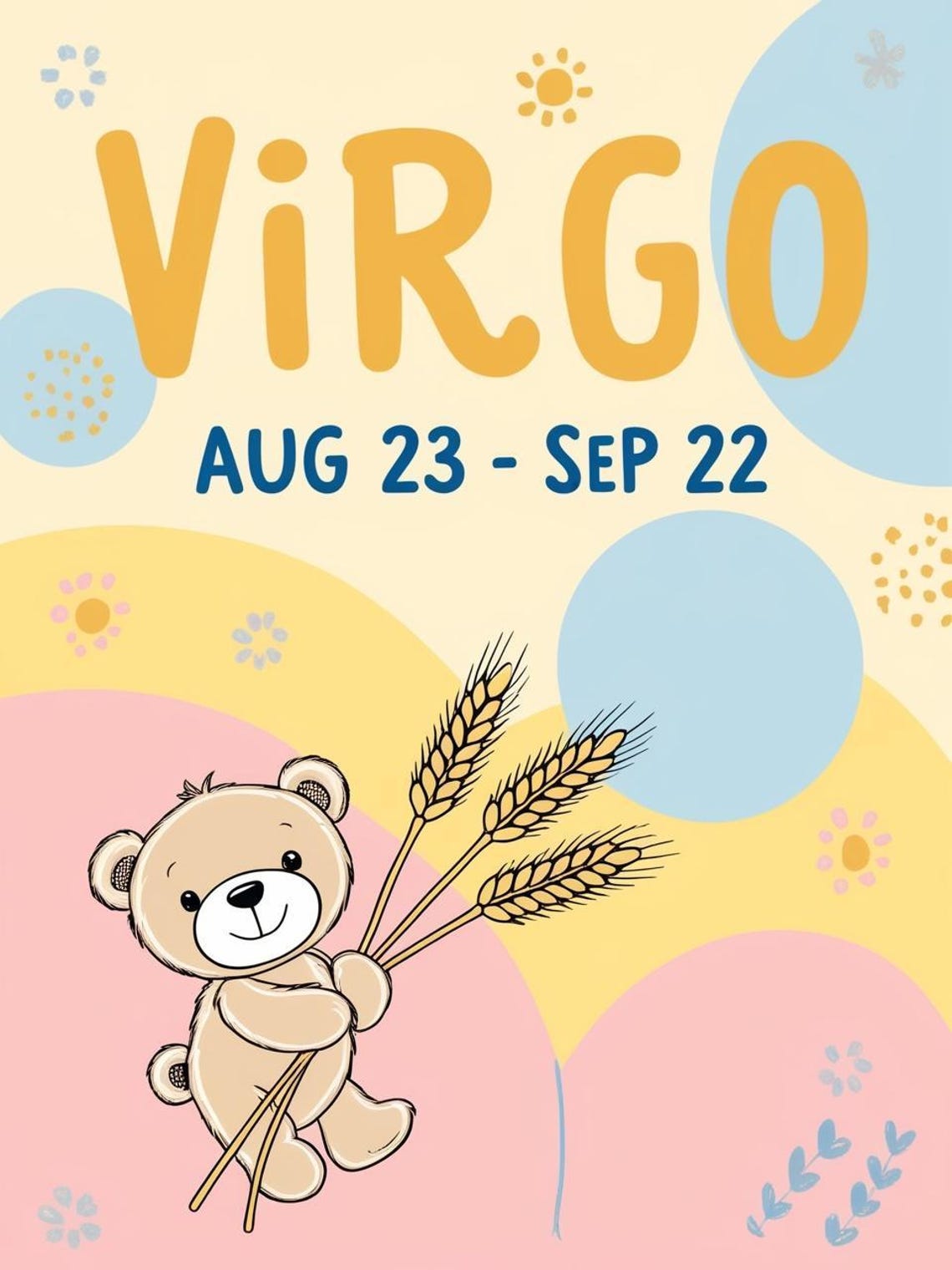 Virgo Zodiac Nursery Print Teddy Bear With Wheat Kids Room Star Sign - Image 3