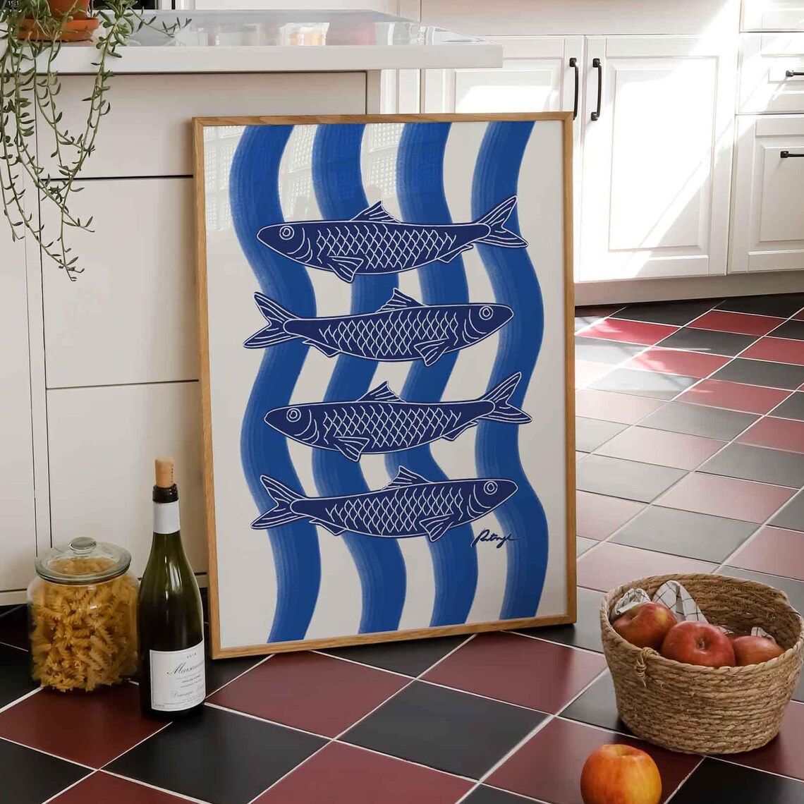 Retro Sardines Art Print, Hand Drawn Kitchen Decor